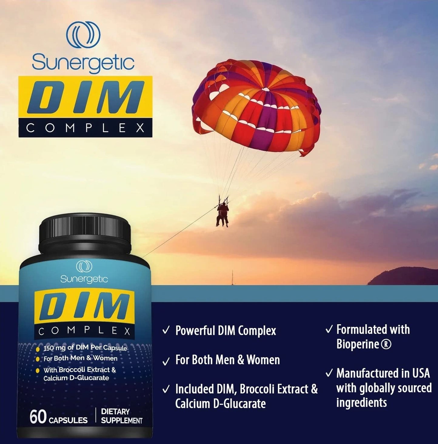 Sunergetic Premium DIM Supplement– 150mg DIM (diindolylmethane), Broccoli Sunergetic
