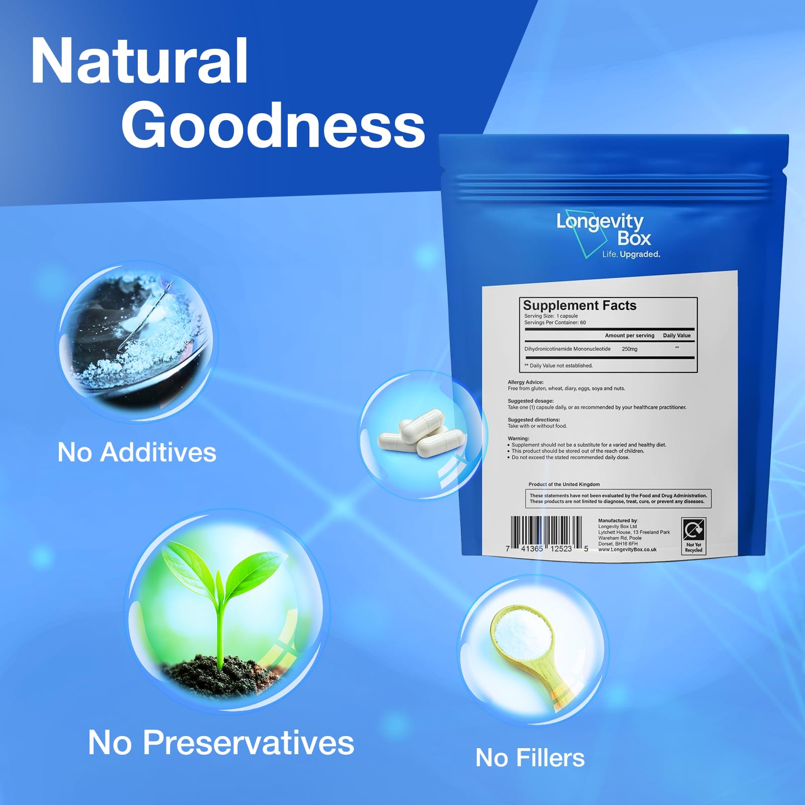 Longevity Box NMNH NMN Alternativen 250mg - 5X More Potent Dihydronicotinamide Mononucleotide NAD+ Booster for Peak Cellular Energy, DNA Repair & Healthy Aging - 60 Advanced Capsules Longevity BoxBuy Supplements Australia