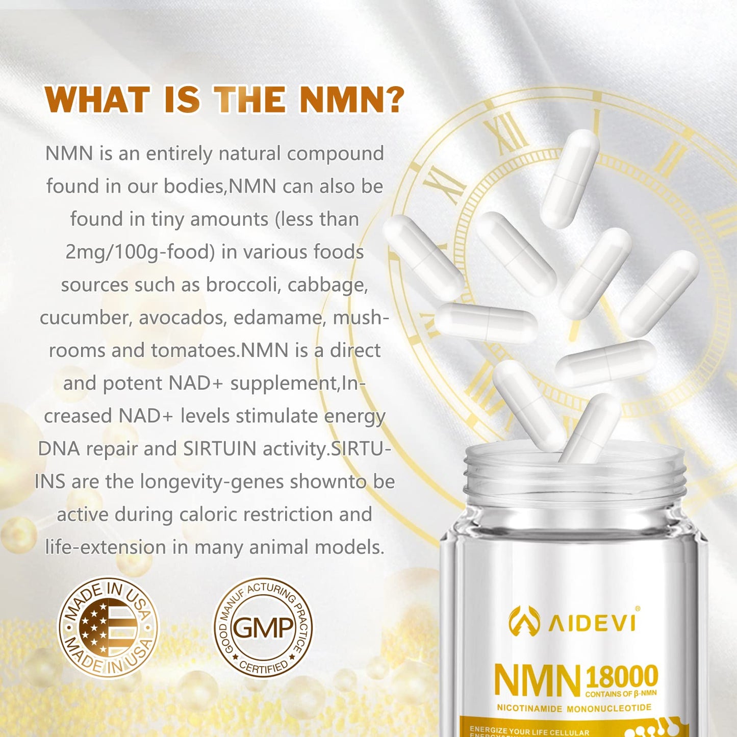 AIDEVI NMN 18000 - Nicotinamide Mononucleotide Supplement with Resveratrol, Stabilized Form & 99% High Purity to Boost NAD+ Levels for DNA Repair Supplement, for Healthy Aging, 60 Capsules AIDEVIBuy Supplements Australia