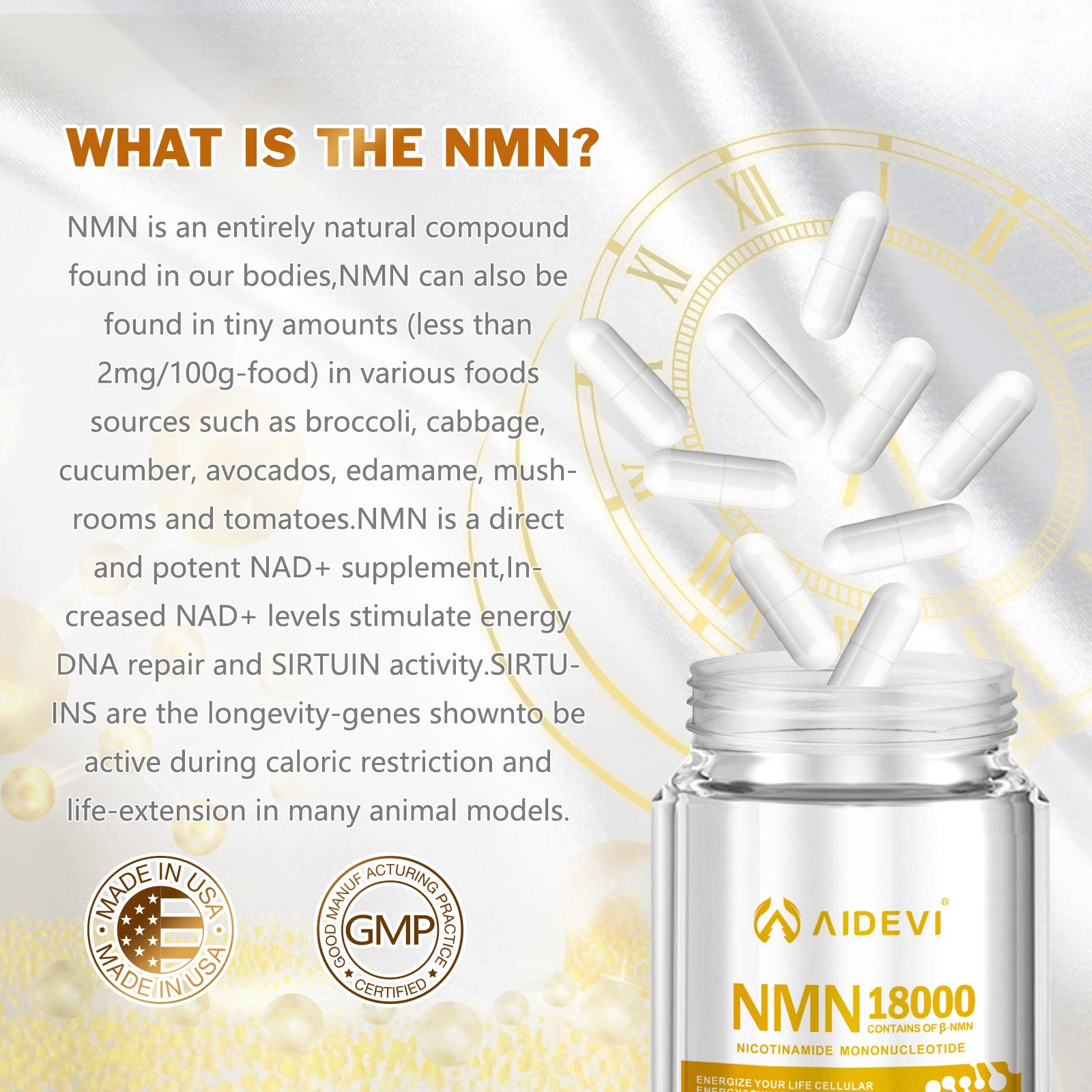 AIDEVI NMN 18000 - Nicotinamide Mononucleotide Supplement with Resveratrol, Stabilized Form & 99% High Purity to Boost NAD+ Levels for DNA Repair Supplement, for Healthy Aging, 60 Capsules AIDEVIBuy Supplements Australia