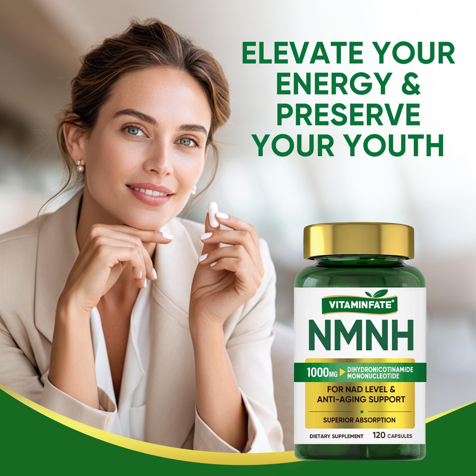 VITAMINFATE NMNH Supplement 1000 mg - 120 Capsules | NMN Alternative | Supports Anti-Aging, Cellular Energy and Repair, Metabolism & Brain Boost VITAMINFATEBuy Supplements Australia