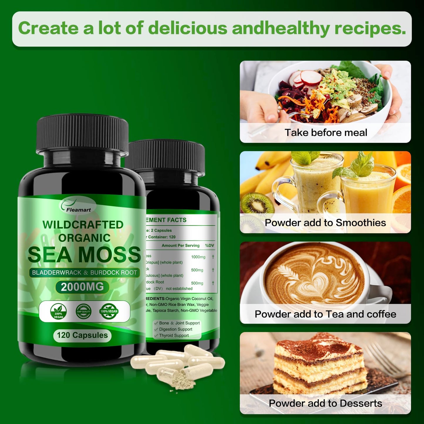 Fleamart Irish Sea Moss Capsules 120ct Raw Organic Sea Moss Wildcrafted Bladderwrack FleamartBuy Supplements Australia