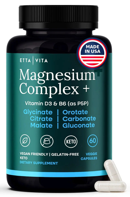 Supplement bottle labeled 'Magnesium Complex+' by Etta Vita with a white capsule on a light background.