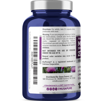 NusaPure Milk Thistle 50:1 Extract, 550 mg Equivalent to 27,500mg 120 Veggie Capsules Non-GMO, Vegan Max Strength - Standardized 80% Silymarin, Bioperine NusaPureBuy Supplements Australia