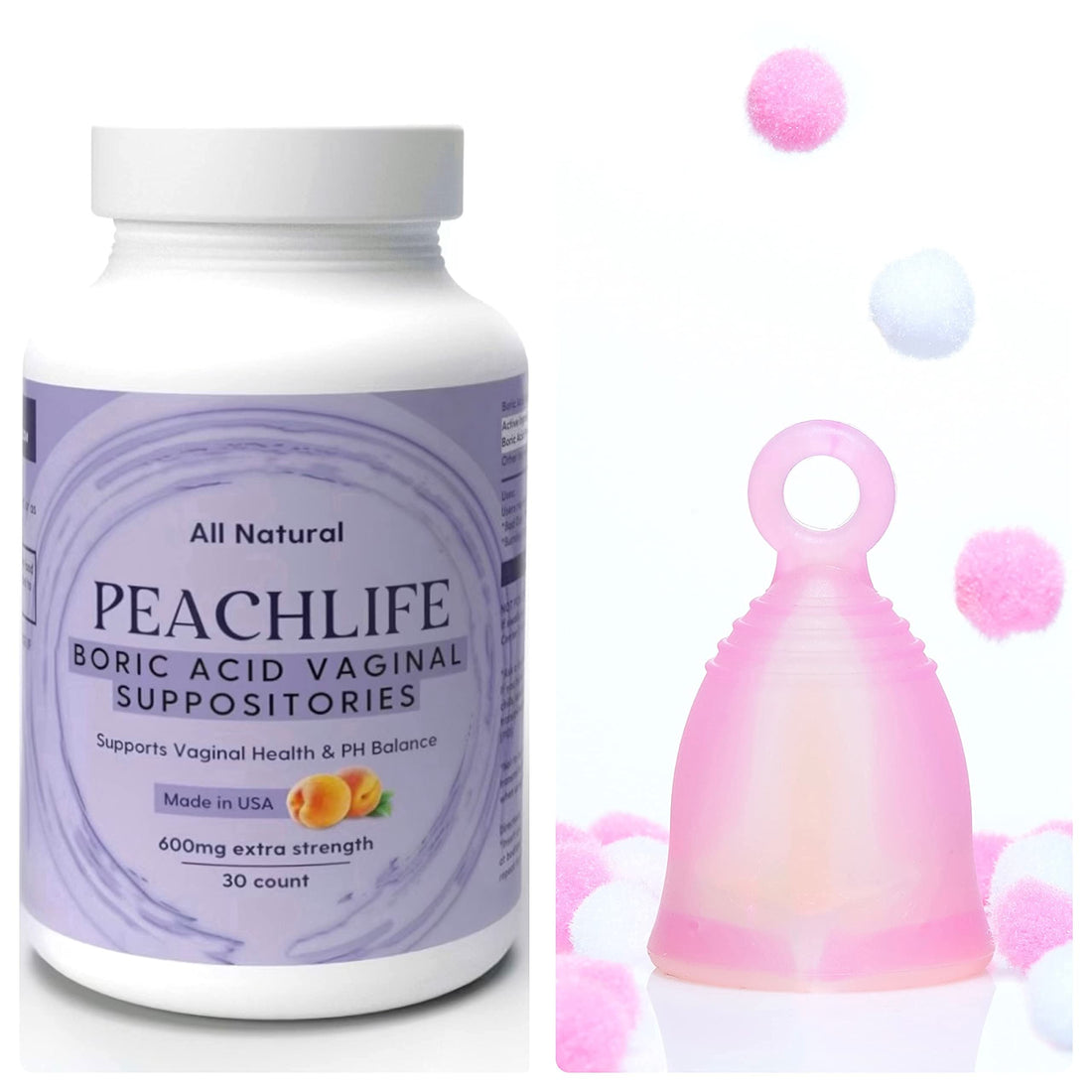Peachlife Boric Acid Suppositories and Small Soft Menstrual Cup with Ring Pull PeachlifeBuy Supplements Australia
