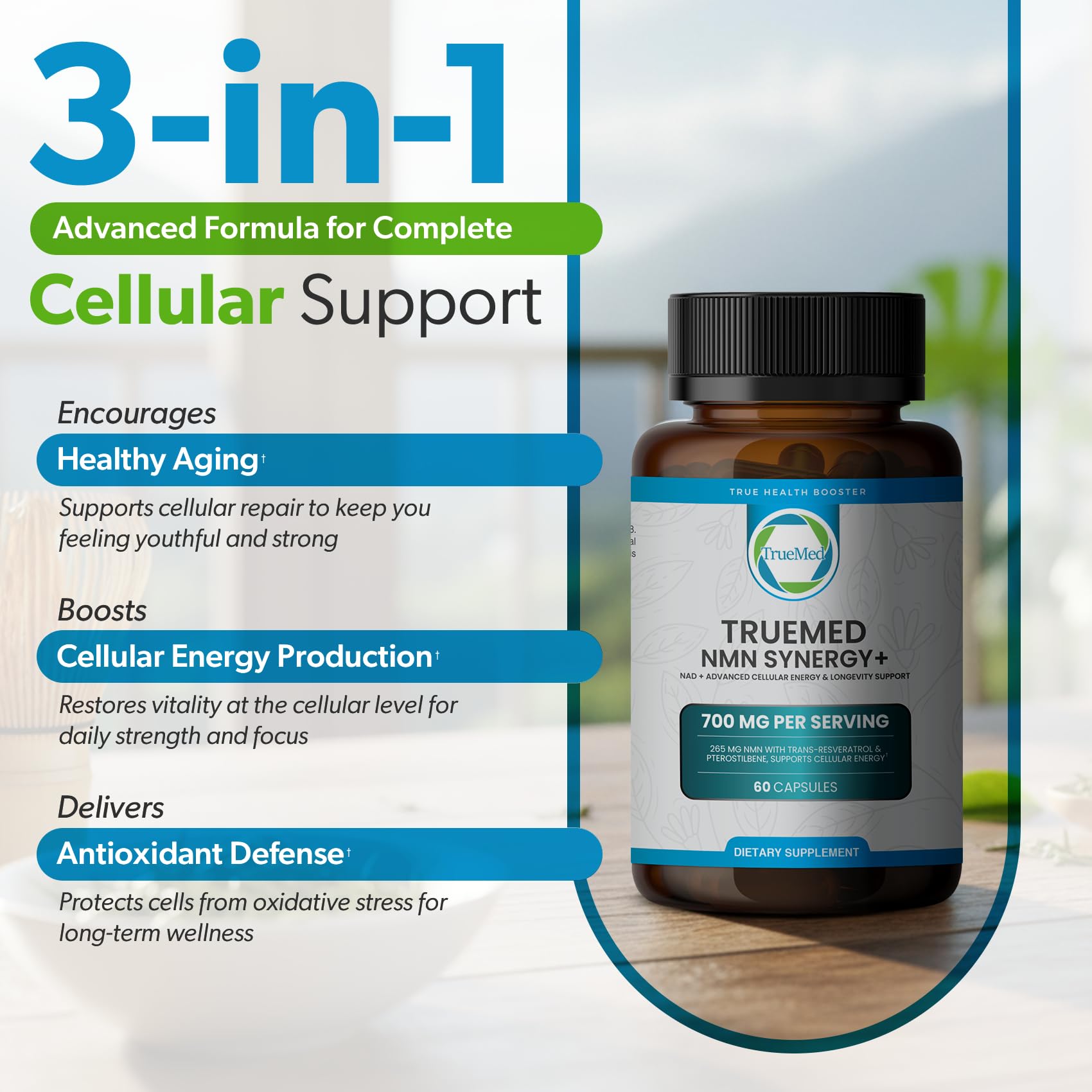 TRUEMED NMN Synergy+ 700mg – Premium NMN Supplement with Resveratrol & Pterostilbene | Advanced NAD+ Supplement for Cellular Energy, & Wellness Support | Non-GMO, Vegan, 60 Capsules TRUEMEDBuy Supplements Australia