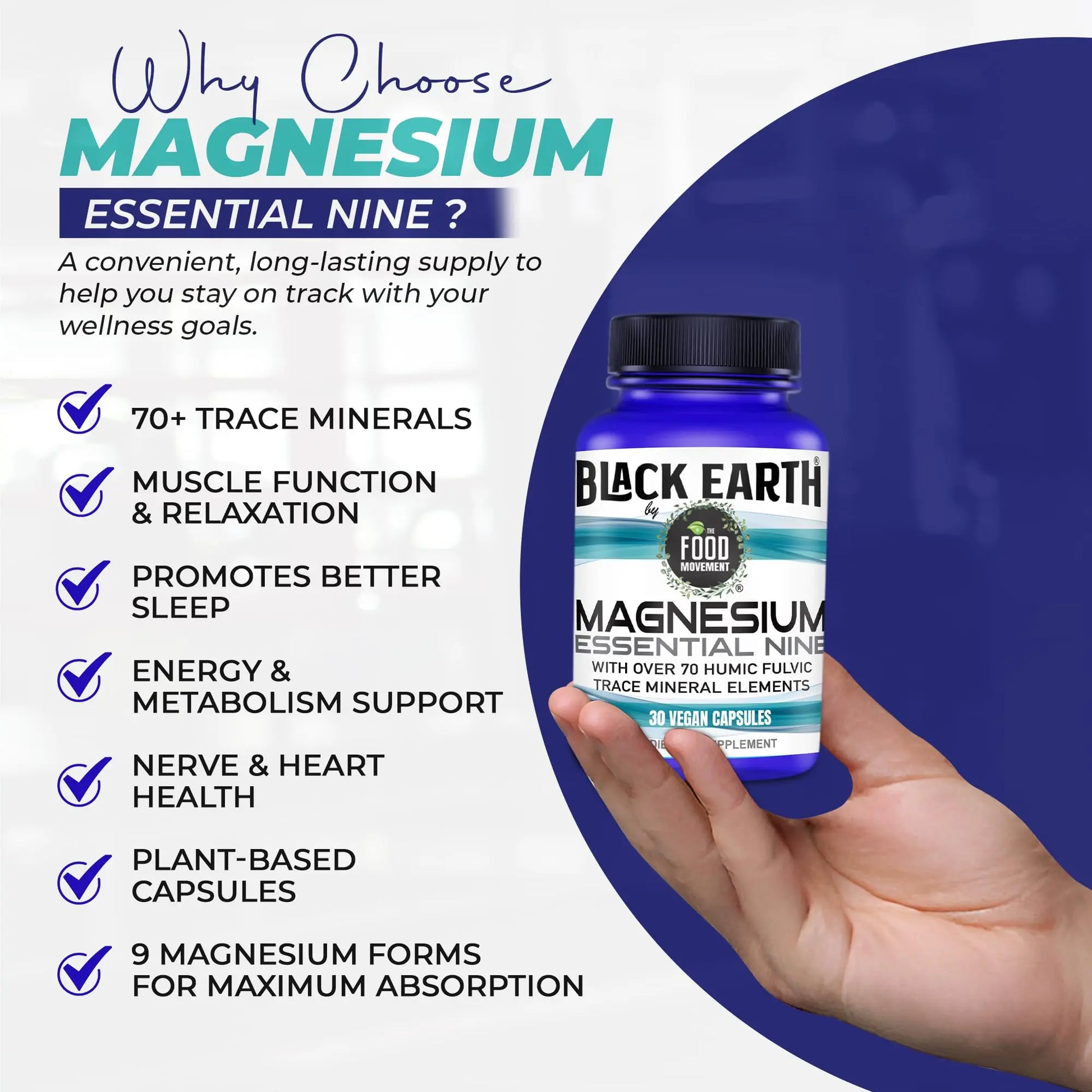 The Food Movement Co. Black Earth Magnesium Essential Nine - Vegan Capsules with Magnesium Glycinate, Citrate, Malate and More - 9 Bioactive Forms for Optimal Health (30 Count) THE FOOD MOVEMENT CO. buy supplements Au