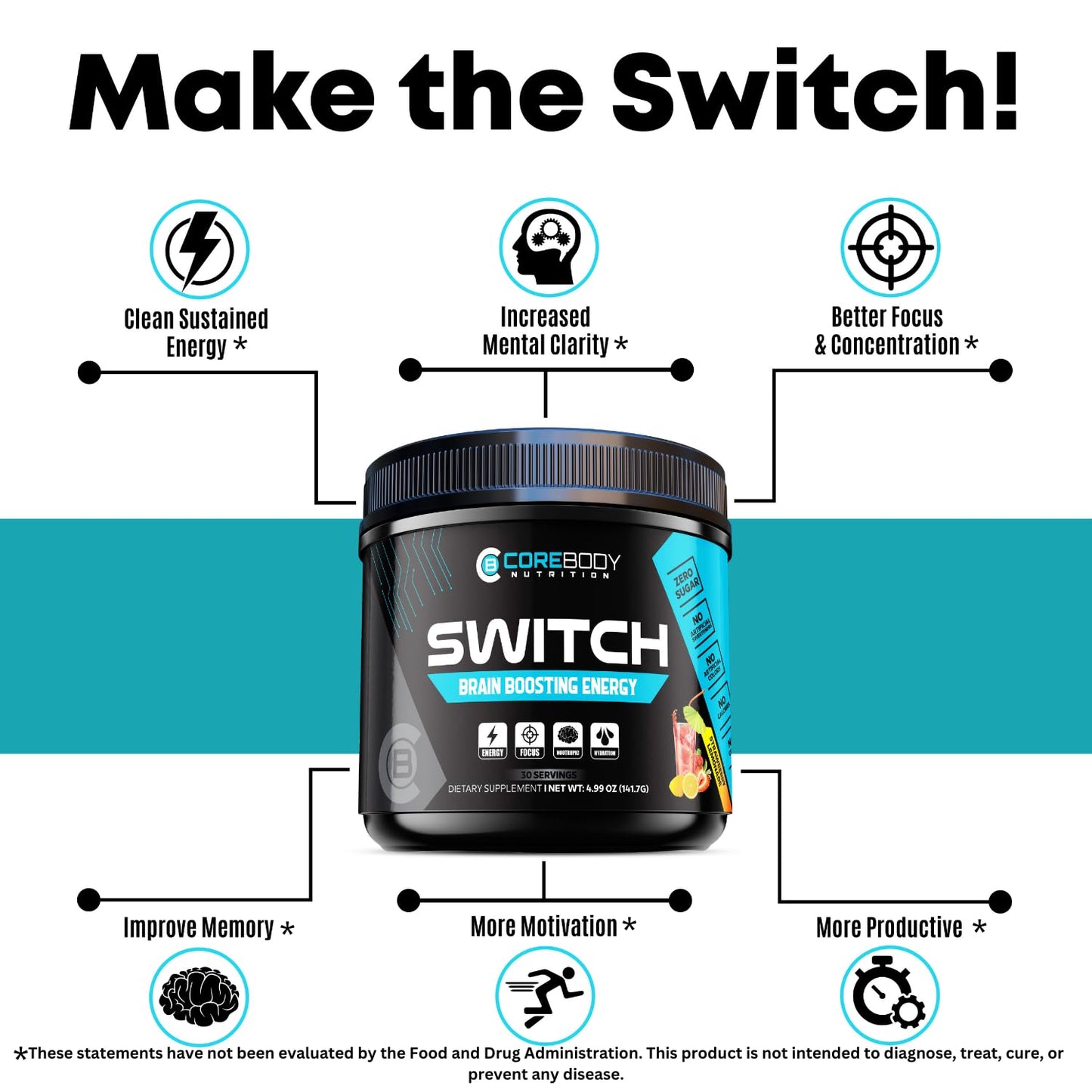 Switch, Brain Boosting Nootropic Energy Supplement Powder - Made in USA - Alpha GPC, NALT, Ashwagandha, Sugar Free Energy, Keto, Increase Mental Focus & Cognitive Function, Enhances Mood & Memory CoreBody NutritionBuy Supplements Australia