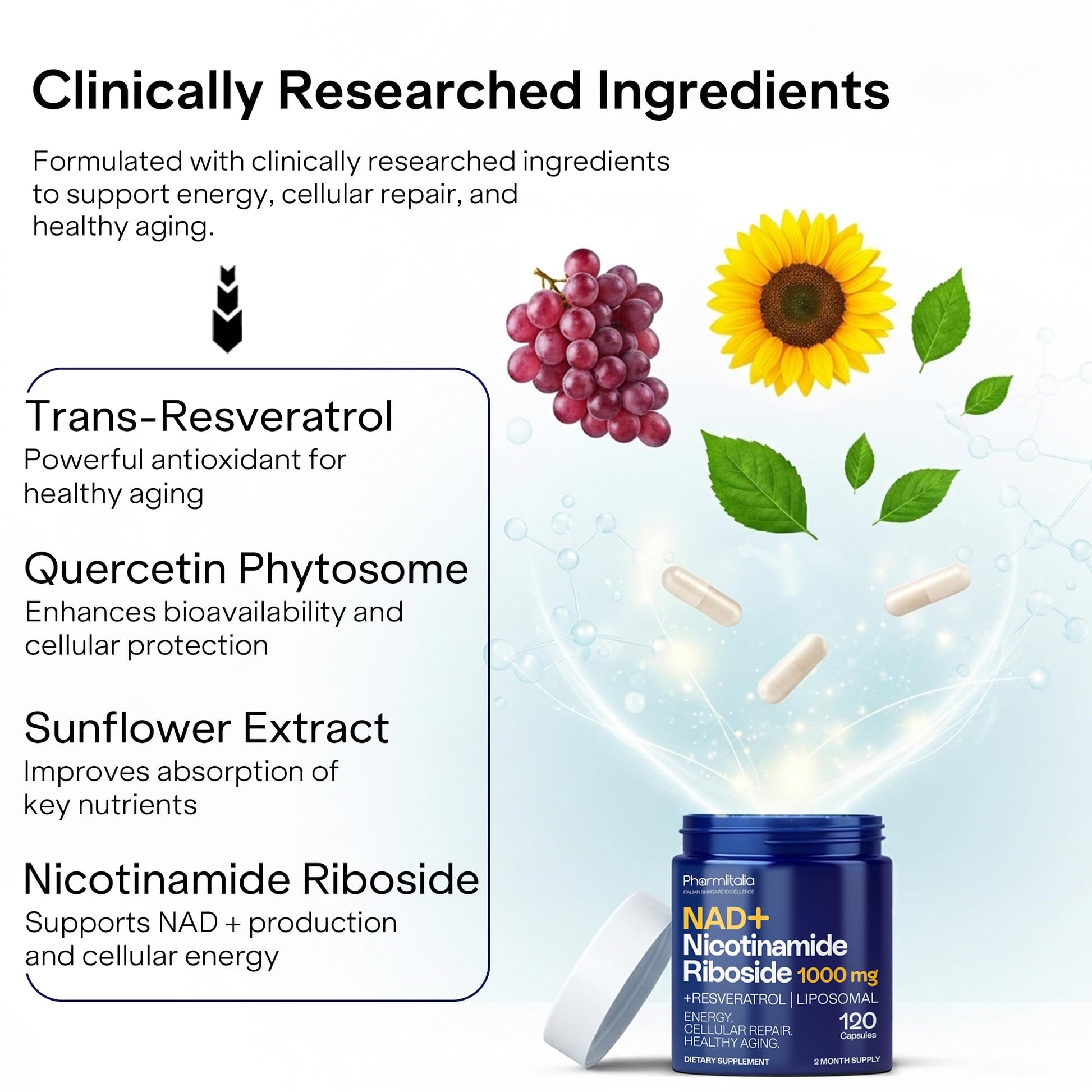 Liposomal NAD+ Supplement with Resveratrol - Nicotinamide Riboside 1000 Mg - NAD Supplements for Women & Men - NMN Supplement Alternative - Advanced NAD Resveratrol for Cellular Energy - 120 Capsules PharmlitaliaBuy Supplements Australia
