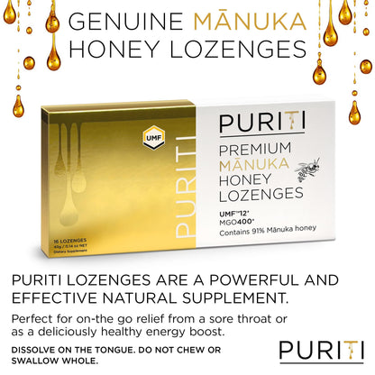 PURITI Premium Manuka Honey Lozenges High Potency - Sugar Free Drops | Genuine New Zealand Raw Manuka Honey Soothers for Coughs & Sore Throats | UMF Certified MGO 400+ UMF12+ (16 Pack) PURITI buy supplements Au