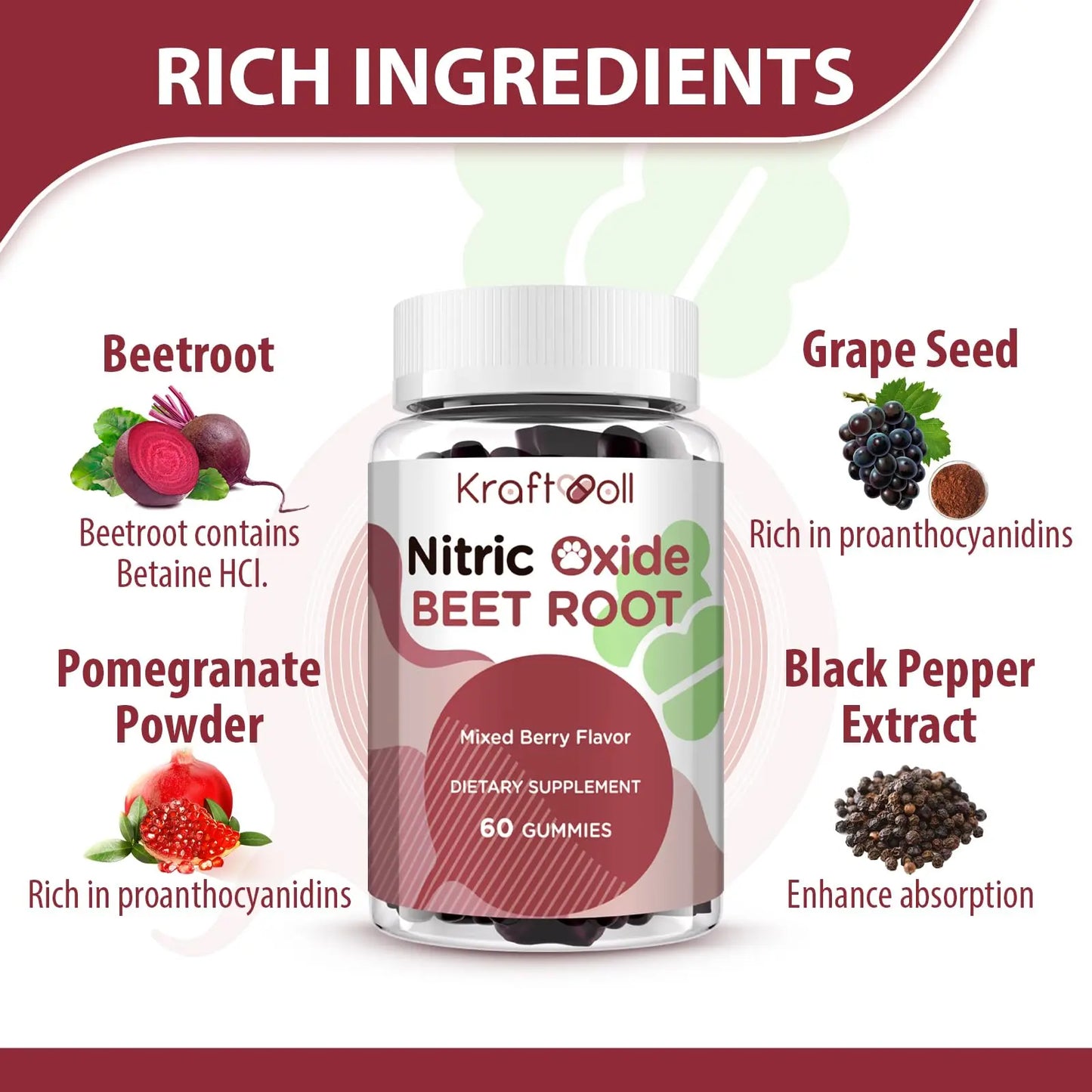 Kraftvoll Nitric Oxide Beet Root Gummies – Sugar-Free Beet Chewables, Mixed Berry Flavor with Grapeseed Powder, Pomegranate, Vitamin C & B12 – Nitric Oxide Supplements for Men – 60 Gummies (2 Bottles) Kraftvoll buy supplements Au