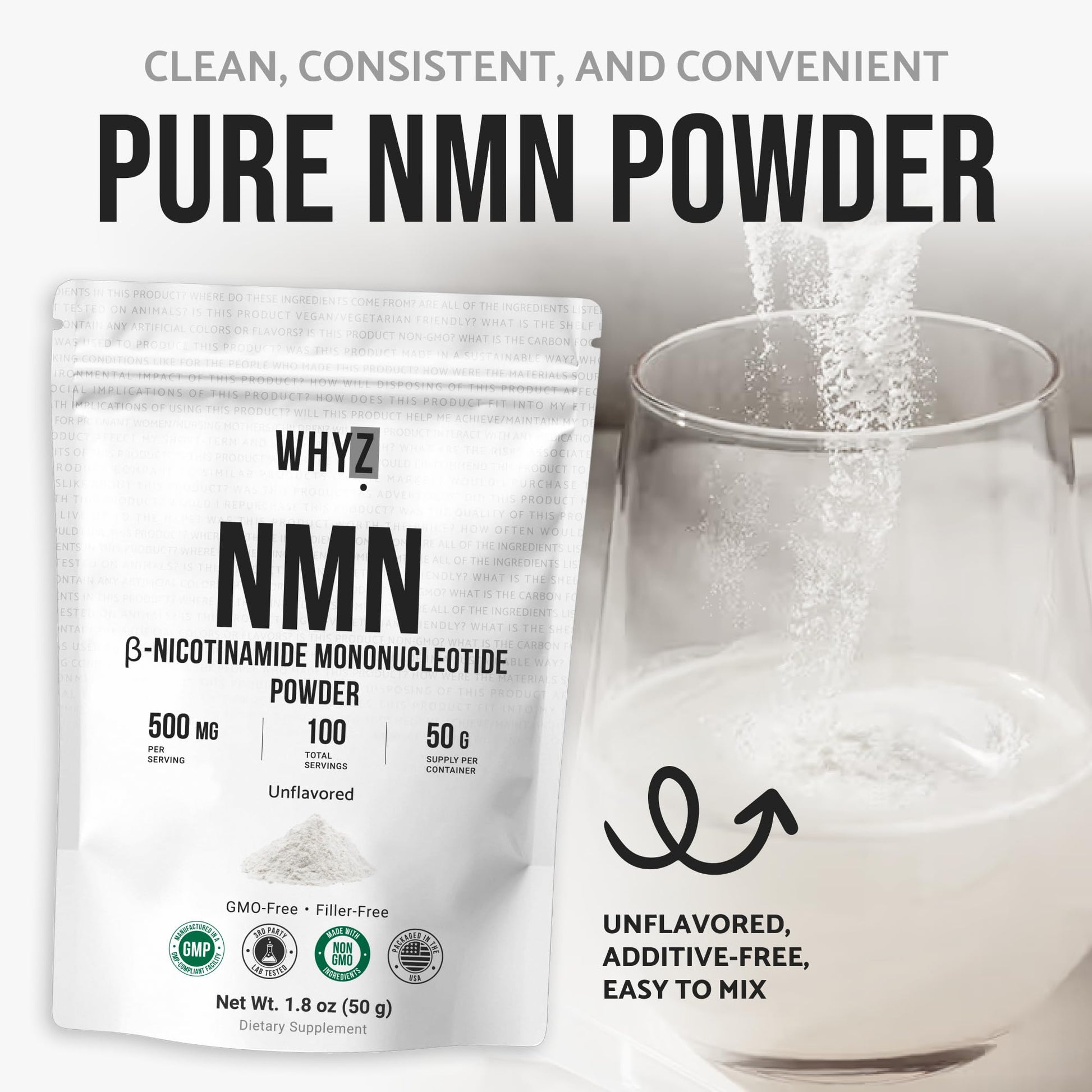 Pure NMN Powder Nicotinamide Mononucleotide Quick Dissolved NMN Supplement Powder 100% Unflavored NMN Supplement Supports NAD+ Levels Vegan Friendly Non-GMO, 50g WHYZBuy Supplements Australia