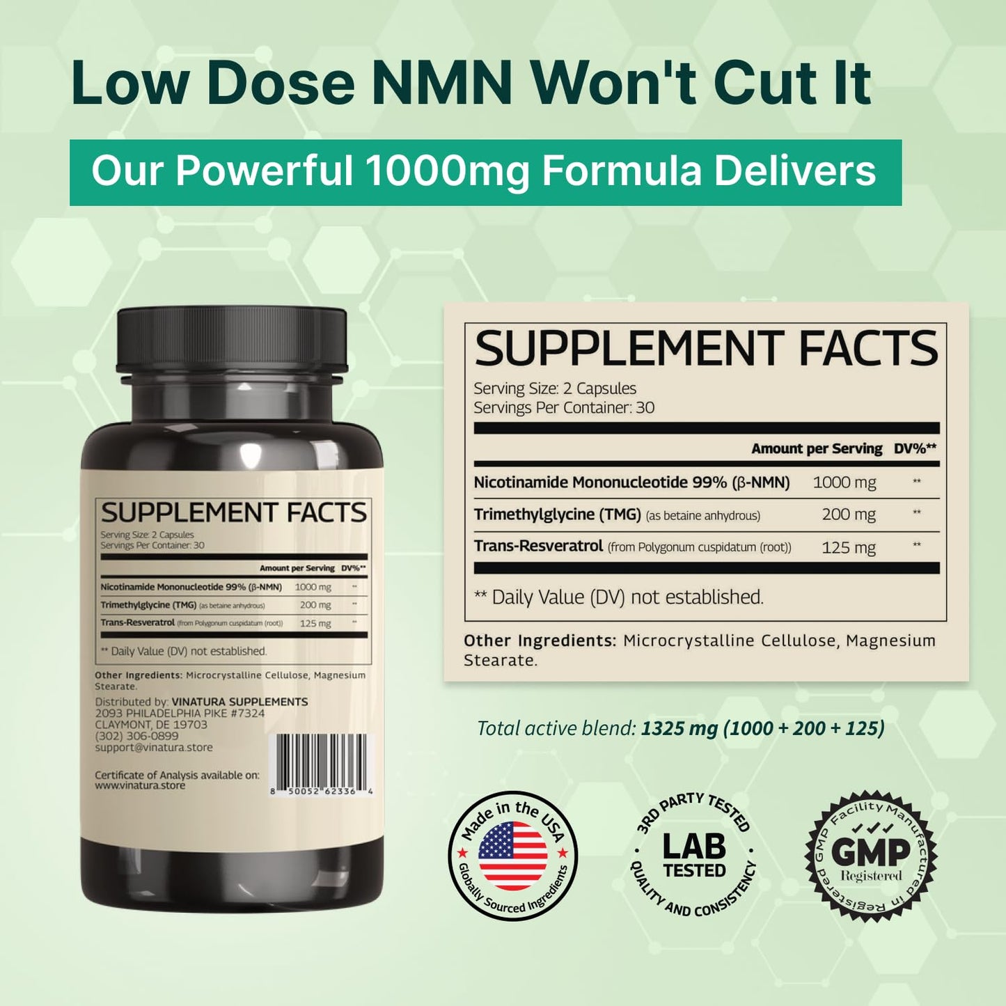 VINATURA NMN Complex Supplement 1325MG - NMN 1000mg with Resveratrol and TMG, Support NAD+, 60 Capsules VINATURABuy Supplements Australia