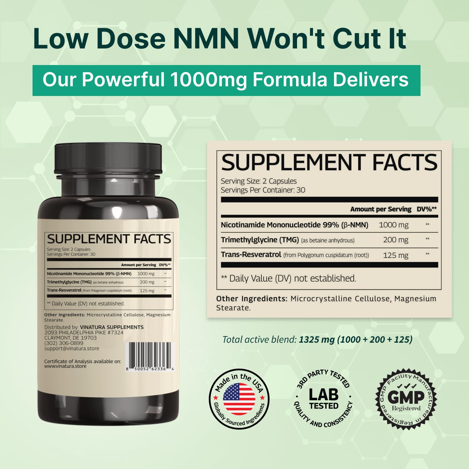 VINATURA NMN Complex Supplement 1325MG - NMN 1000mg with Resveratrol and TMG, Support NAD+, 60 Capsules VINATURABuy Supplements Australia