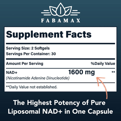 Fabamax 1600 mg Liposomal NAD Supplement, 98% Pure NAD+ Supplement, Superior Absorption, Alternative to Nicotinamide Riboside or NADH to Boost NAD+ for Aging Defense, Energy, Longevity,60 Softgels FabamaxBuy Supplements Australia