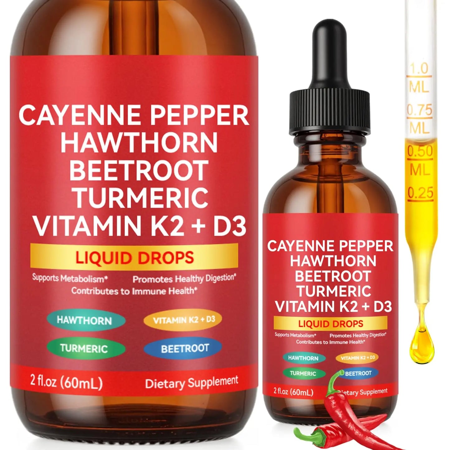 Two bottles of Cayenne Pepper Hawthorn Beetroot Turmeric Vitamin K2 + D3 liquid drops with a dropper on a white background.