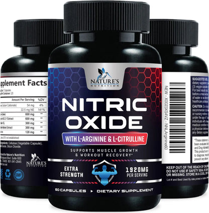 Extra Strength Nitric Oxide Supplement L Arginine 3X Strength - Citrulline Malate, AAKG Nature's Nutrition
