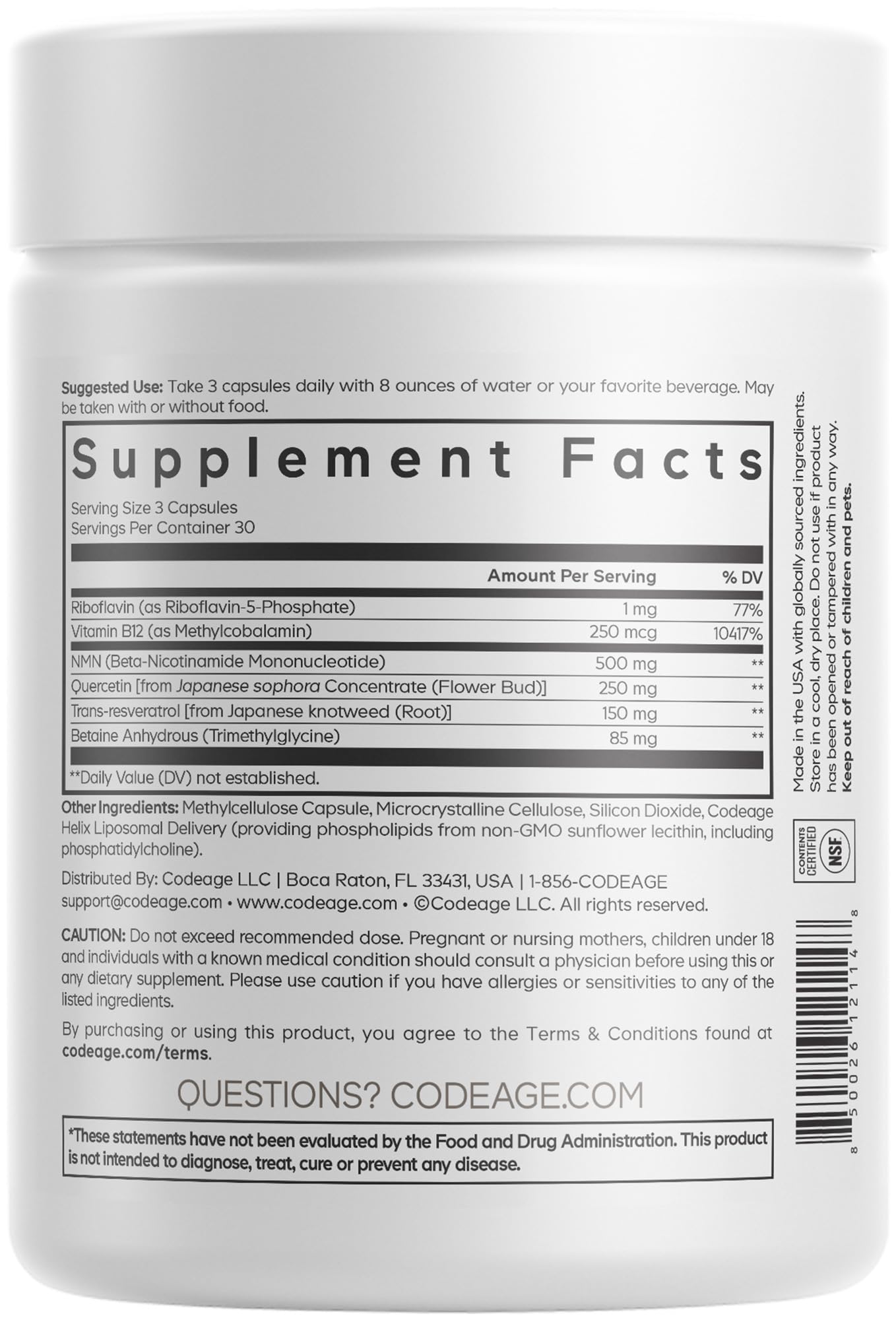 Codeage Liposomal NMN Platinum - 500 mg NMN Supplement, Nicotinamide Mononucleotide, NAD Precursor - Quercetin, Resveratrol, Betaine TMG, Vitamin B2 Riboflavin & Vitamin B12 - Non-GMO - 90 Capsules CodeageBuy Supplements Australia