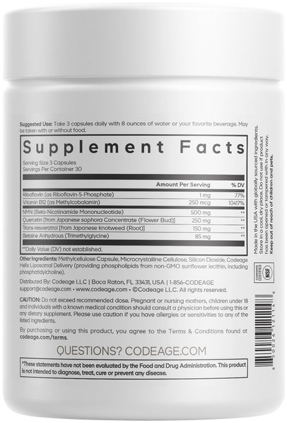 Codeage Liposomal NMN Platinum - 500 mg NMN Supplement, Nicotinamide Mononucleotide, NAD Precursor - Quercetin, Resveratrol, Betaine TMG, Vitamin B2 Riboflavin & Vitamin B12 - Non-GMO - 90 Capsules CodeageBuy Supplements Australia