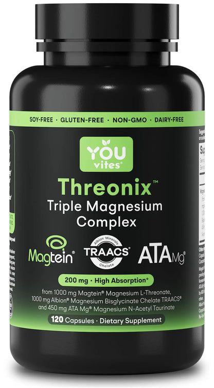 Supplement bottle labeled 'Threonix Triple Magnesium Complex' by YOU Vites on a white background.
