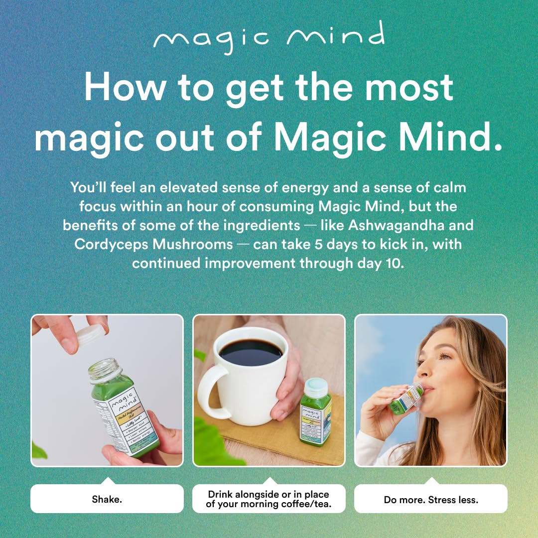 Magic Mind Focus Energy Drink Shots - No Jitters, Stress Relieving, Ashwagandha, Functional Mushrooms, Matcha Green Tea, Vitamin B12, Vitamin C - 2 FL Oz (5 Pack) Magic MindBuy Supplements Australia