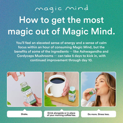 Magic Mind Focus Energy Drink Shots - No Jitters, Stress Relieving, Ashwagandha, Functional Mushrooms, Matcha Green Tea, Vitamin B12, Vitamin C - 2 FL Oz (5 Pack) Magic MindBuy Supplements Australia