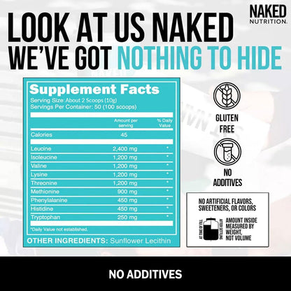 NAKED EAAs Amino Acids Powder - 50 Servings - Vegan Unflavored Essential Amino Acids 500 Grams - Instantized All Natural EAAs Powder Supplement
