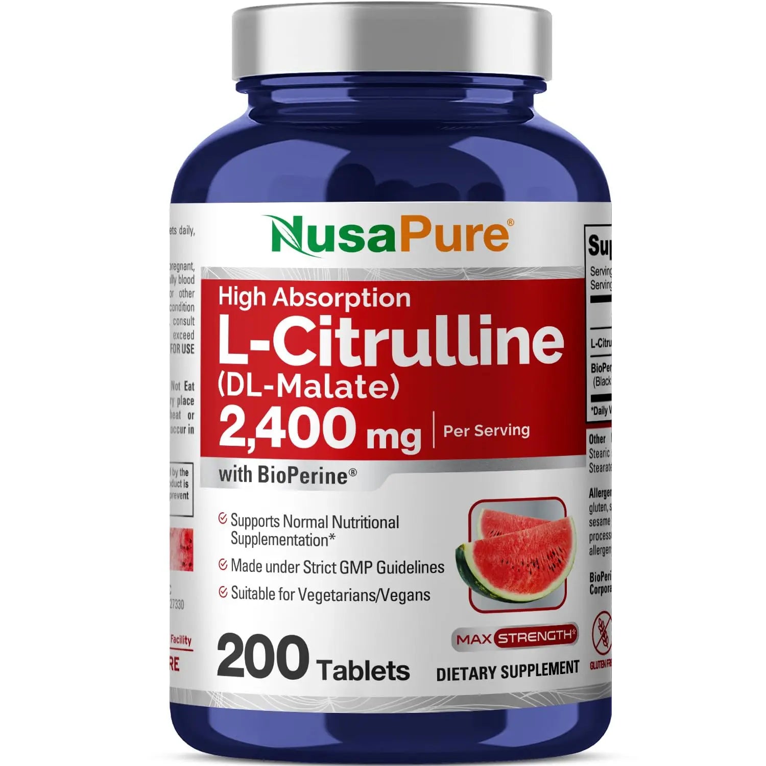 NusaPure L-Citrulline 2,400mg 200 Vegetarian Tablets (Non-GMO, Gluten Free) NusaPure