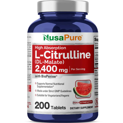 NusaPure L-Citrulline 2,400mg 200 Vegetarian Tablets (Non-GMO, Gluten Free) NusaPure