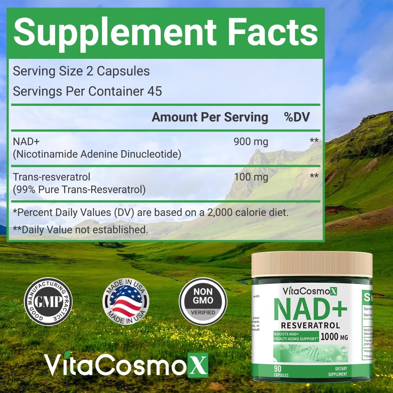 VitaCosmoX NAD+ with Resveratrol Similar to Nicotinamide Riboside Supplement, 1000 mg, 90 Capsules Vegan Non-GMO VitaCosmoXBuy Supplements Australia