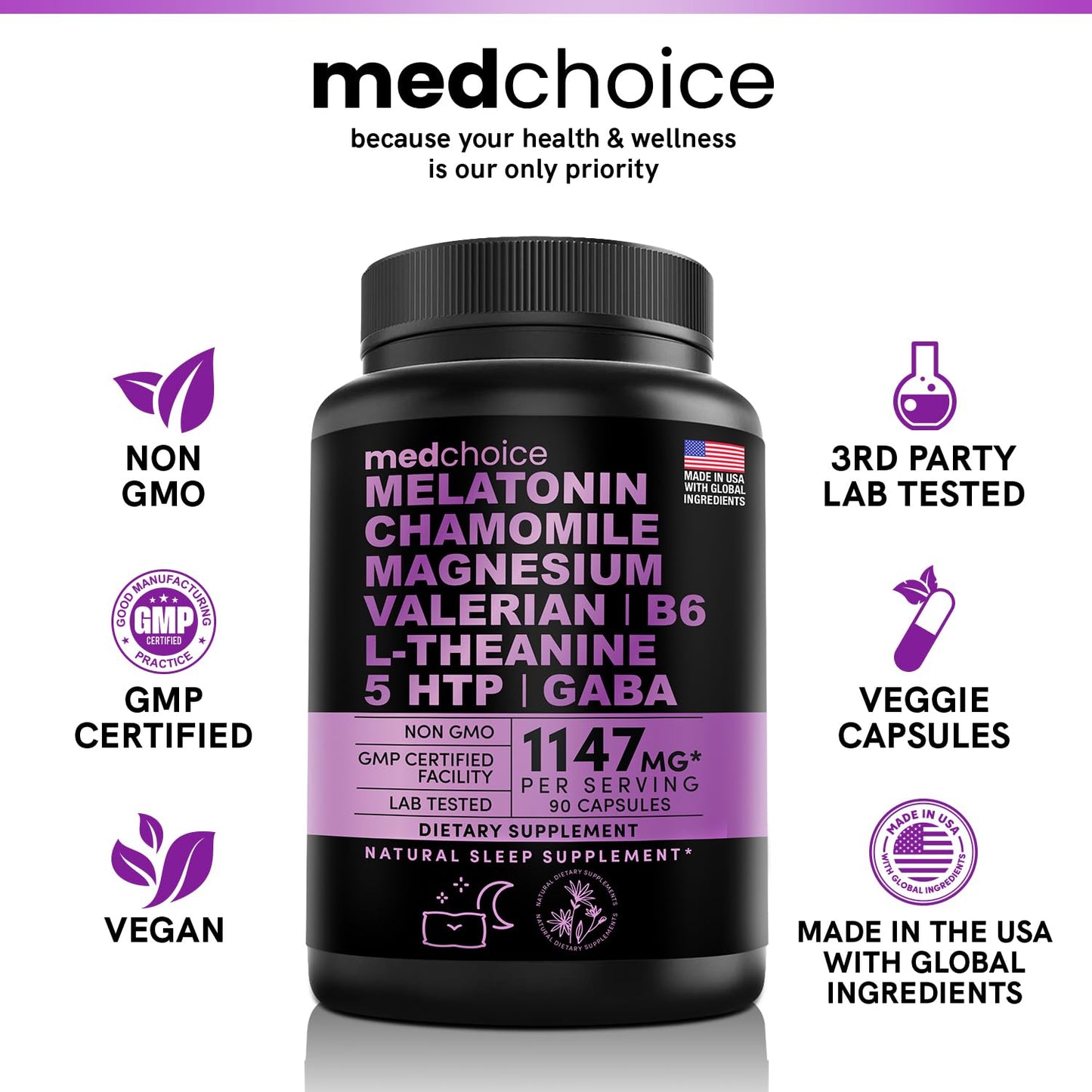 10-in-1 Melatonin Capsules - Melatonin 5mg Natural Sleep Aid for Adults MEDCHOICE