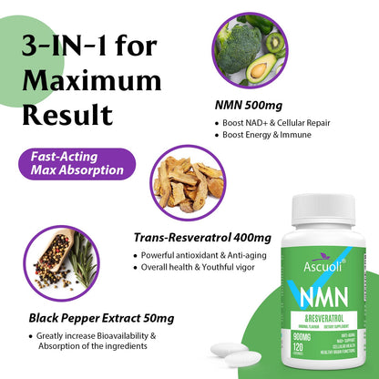 Sublingual NMN 500mg + Trans-Resveratrol 400mg, 3-in-1 Advanced Formula 99% Pure NMN Resveratrol Supplement for Boost* NAD, Cell, Immune, Energy & Muscle, Anti-Aging, 120 Lozenges (120-Day Supply) AscuoliBuy Supplements Australia
