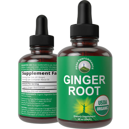 USDA Organic Ginger Root Extract Liquid Drops. Zero Sugar, Non Bitter Vegan Ginger Oil Supplement for Immune, Digestive + Gut Support. High Bioavailability, Gluten Free for Women and Men. Take Orally Peak PerformanceBuy Supplements Australia