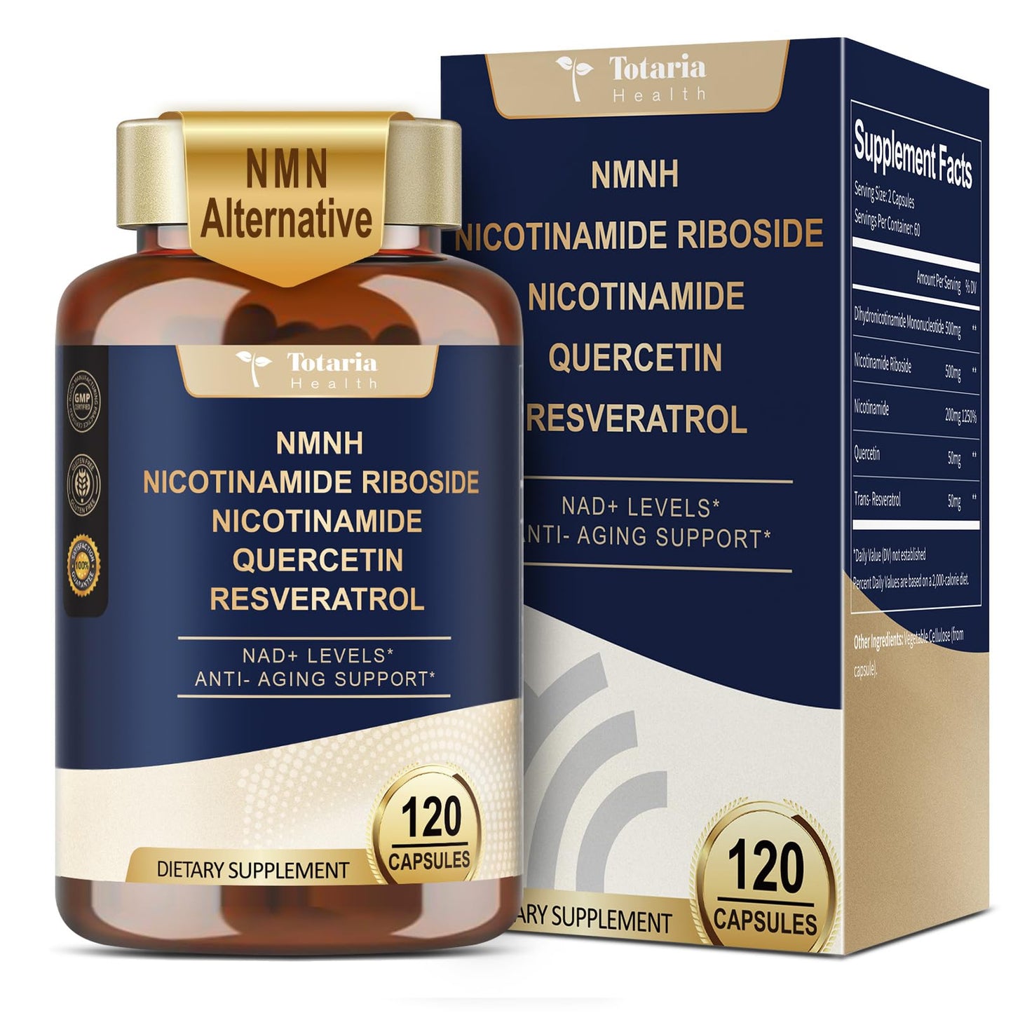Totaria NMNH 500mg (Dihydronicotinamide Mononucleotide), Premium NMN Alternative Supplement w/Niacinamide (Vitamin B3), Quercetin, Trans-Resveratrol, for NAD+, Skin Cell, Anti-Aging & Energy, 120 Ct TotariaBuy Supplements Australia