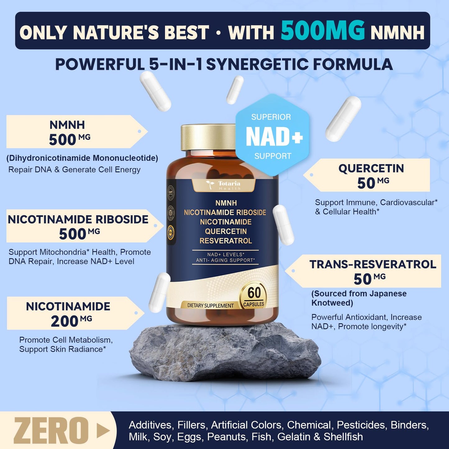 Totaria NMNH (NMN Alternative Supplement) (Dihydronicotinamide Mononucleotide) Ultra Strength, NAD+ Support w/Resveratrol & Quercetin, Ultra Absorption for Anti-Aging, Vegan, 60 Counts TotariaBuy Supplements Australia