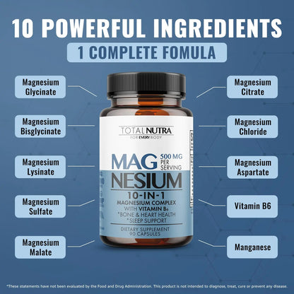 10-in-1 Magnesium Supplement 500 mg | High Absorption Magnesium Complex with Mag Glycinate, Citrate, Vitamin B6 Magnesium for Sleep, Muscle, Bone & Heart Health, Vegan & Gluten-Free, 45 Day Supply Total Nutra buy supplements Au