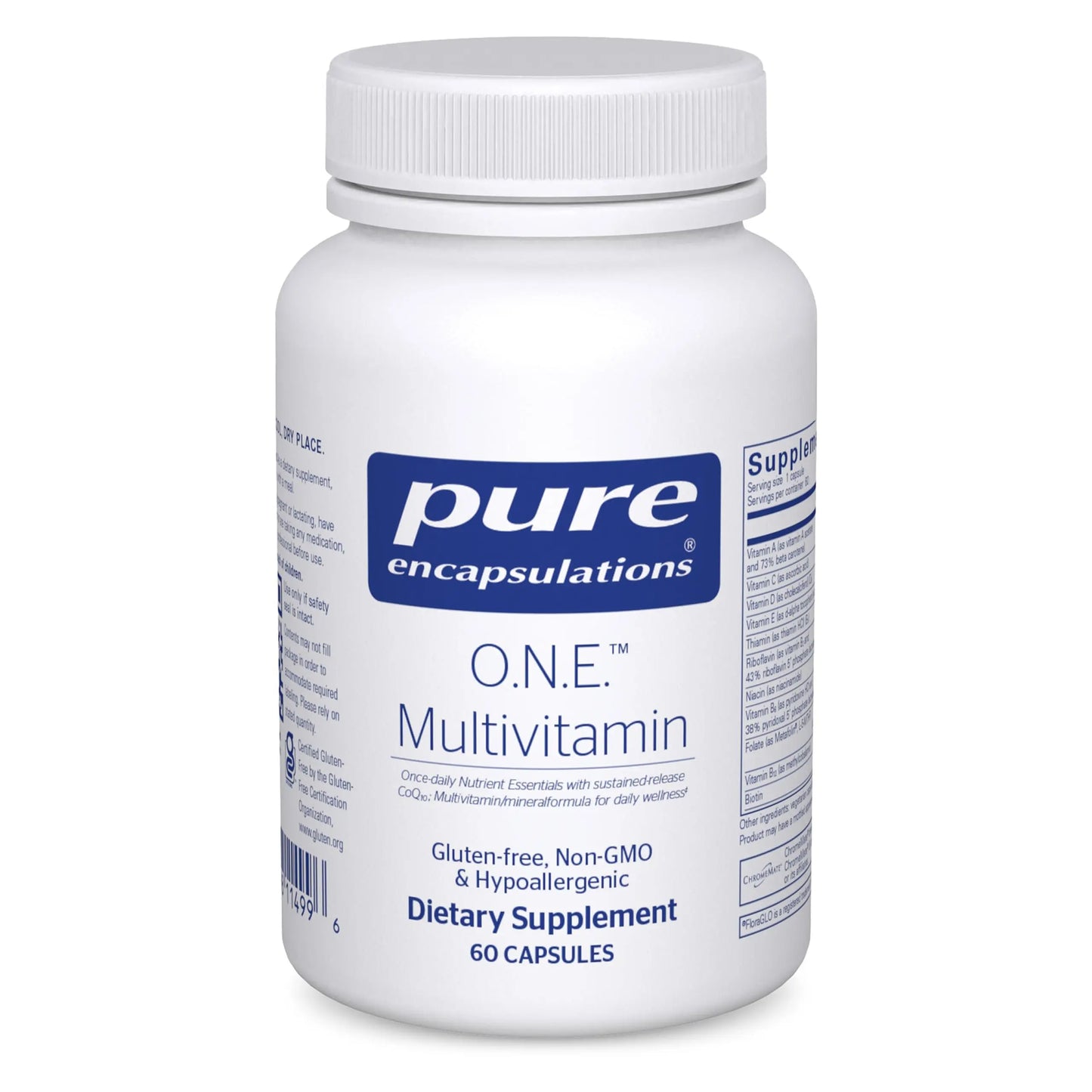 White supplement bottle labeled 'pure encapsulations O.N.E. Multivitamin' on a white background
