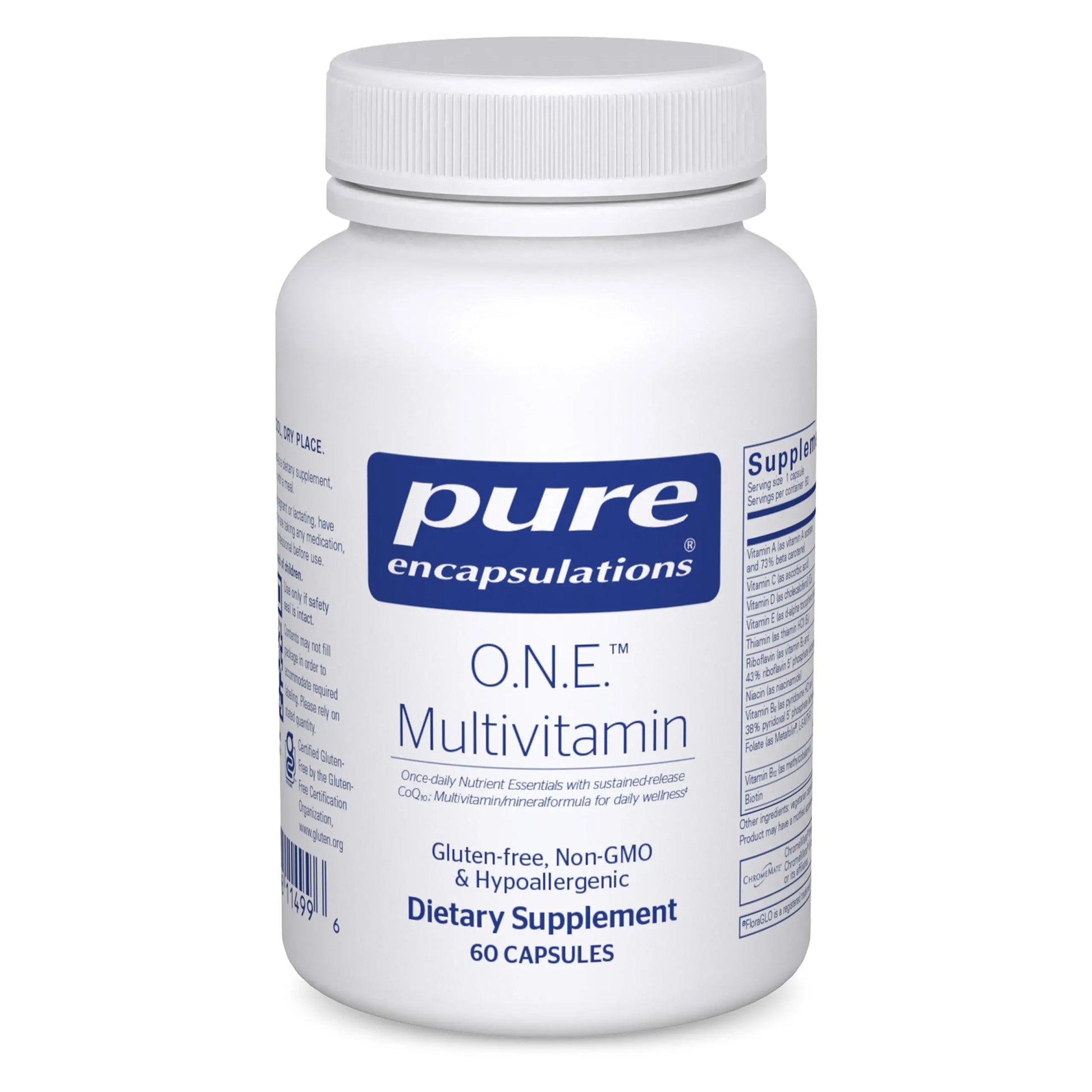 White supplement bottle labeled 'pure encapsulations O.N.E. Multivitamin' on a white background