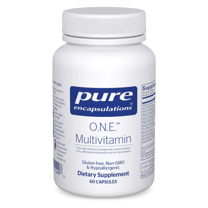 White supplement bottle labeled 'pure encapsulations O.N.E. Multivitamin' on a white background