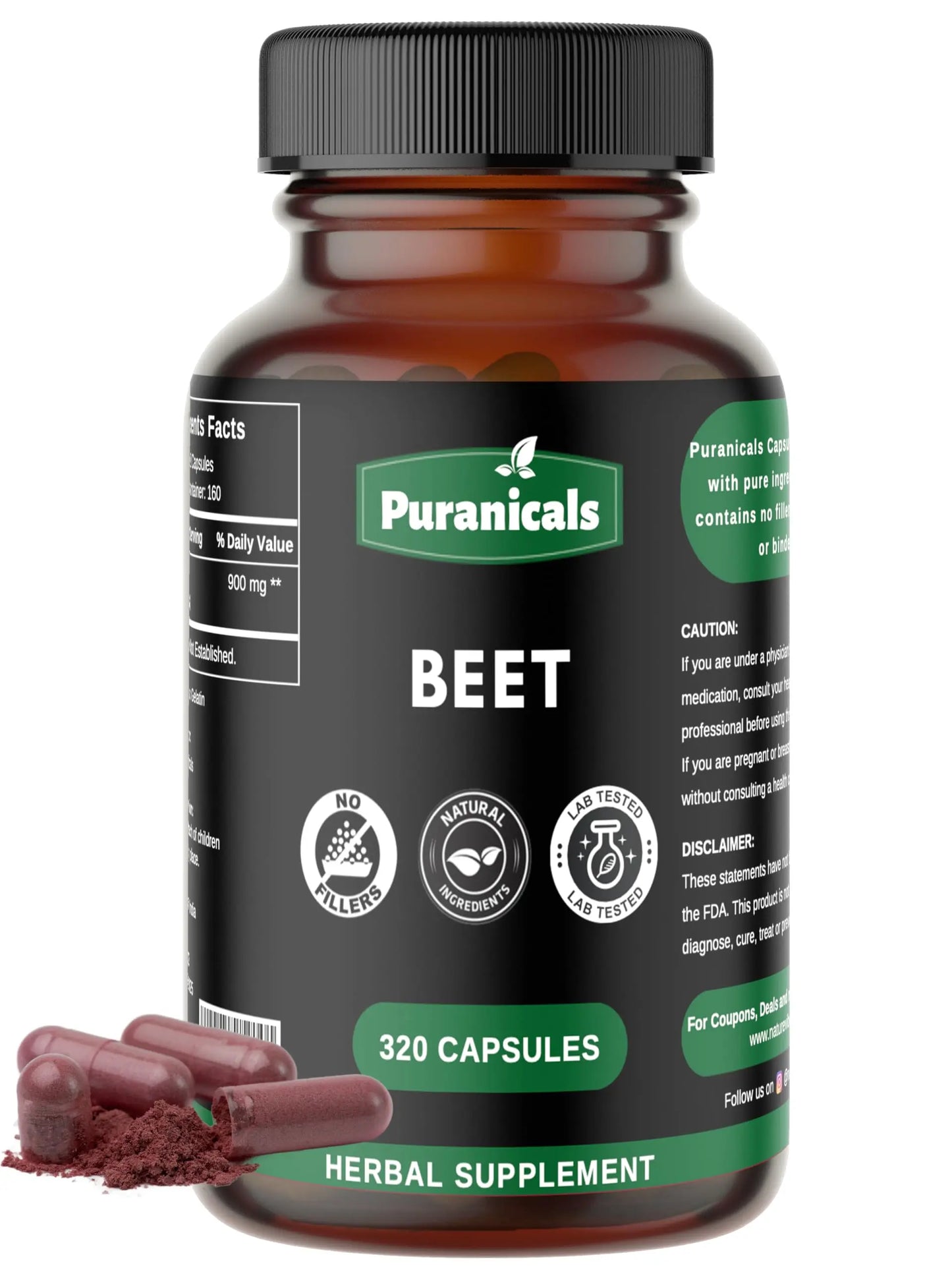 Puranicals Beet Premium 320 Capsules Nitric Oxide Booster | Herbal Supplement | 900 mg Puranicals