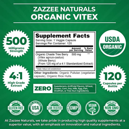 Zazzee USDA Organic Vitex, 500 mg Strength, 120 Vegan Capsules, 4 Month Supply Zazzee