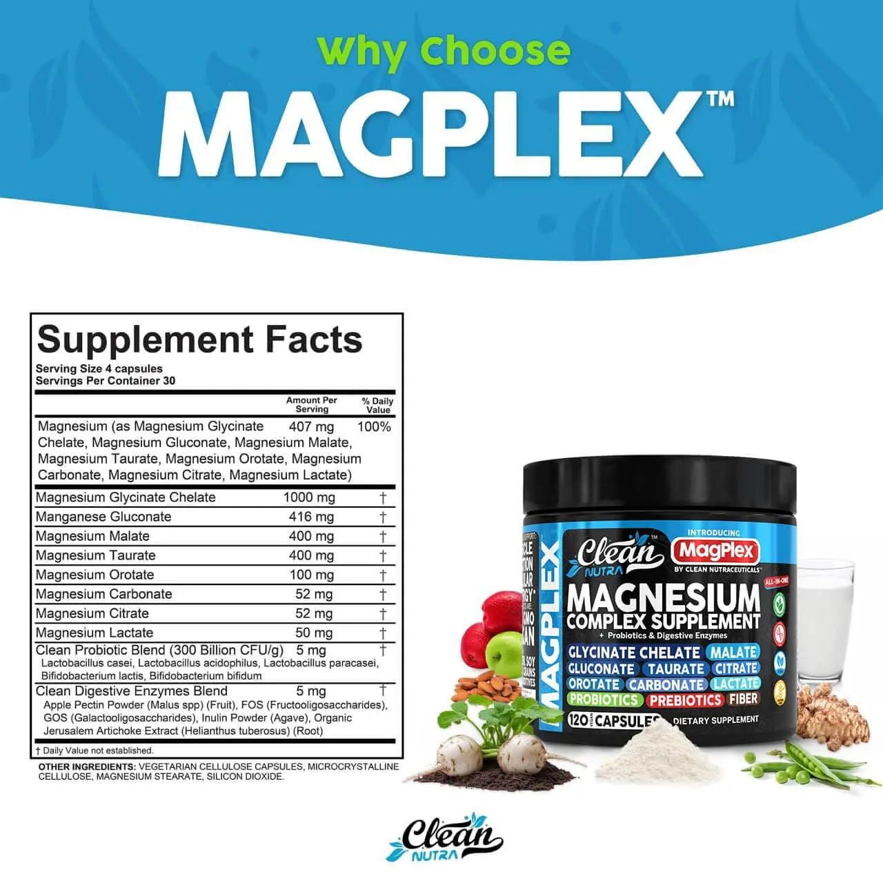 8in1 Magnesium Supplement Complex | Magnesium Glycinate Citrate Malate Gluconate Orotate Carbonate Lactate + Prebiotics Probiotics Digestive Enzymes Magnesio Clean Nutraceuticals