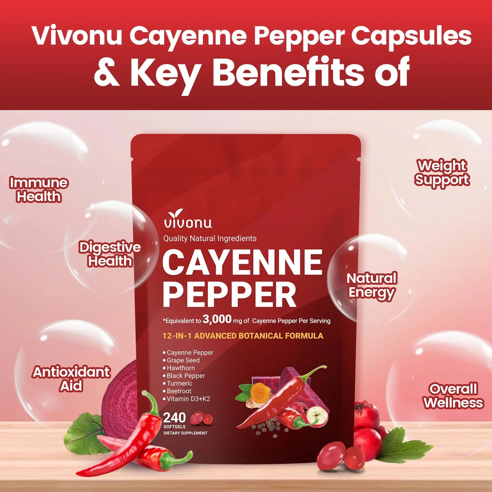 VivoNu Cayenne Pepper Softgels Supplement, Supports Leg Vein, Heart and Blood Vessel Health, with Vitamin E D3+K2 and Extracts of Grape Seed, Hawthorn VivoNu