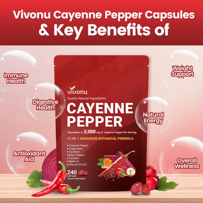 VivoNu Cayenne Pepper Softgels Supplement, Supports Leg Vein, Heart and Blood Vessel Health, with Vitamin E D3+K2 and Extracts of Grape Seed, Hawthorn VivoNu