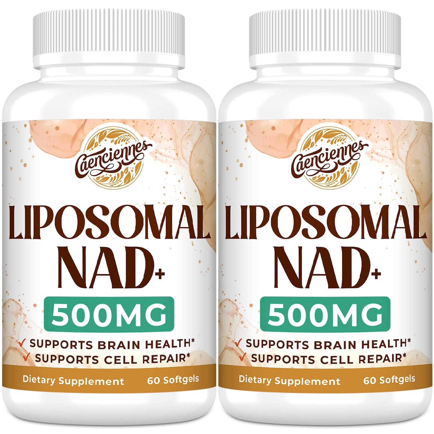 Two bottles of Liposomal NAD+ 500MG dietary supplements on a white background