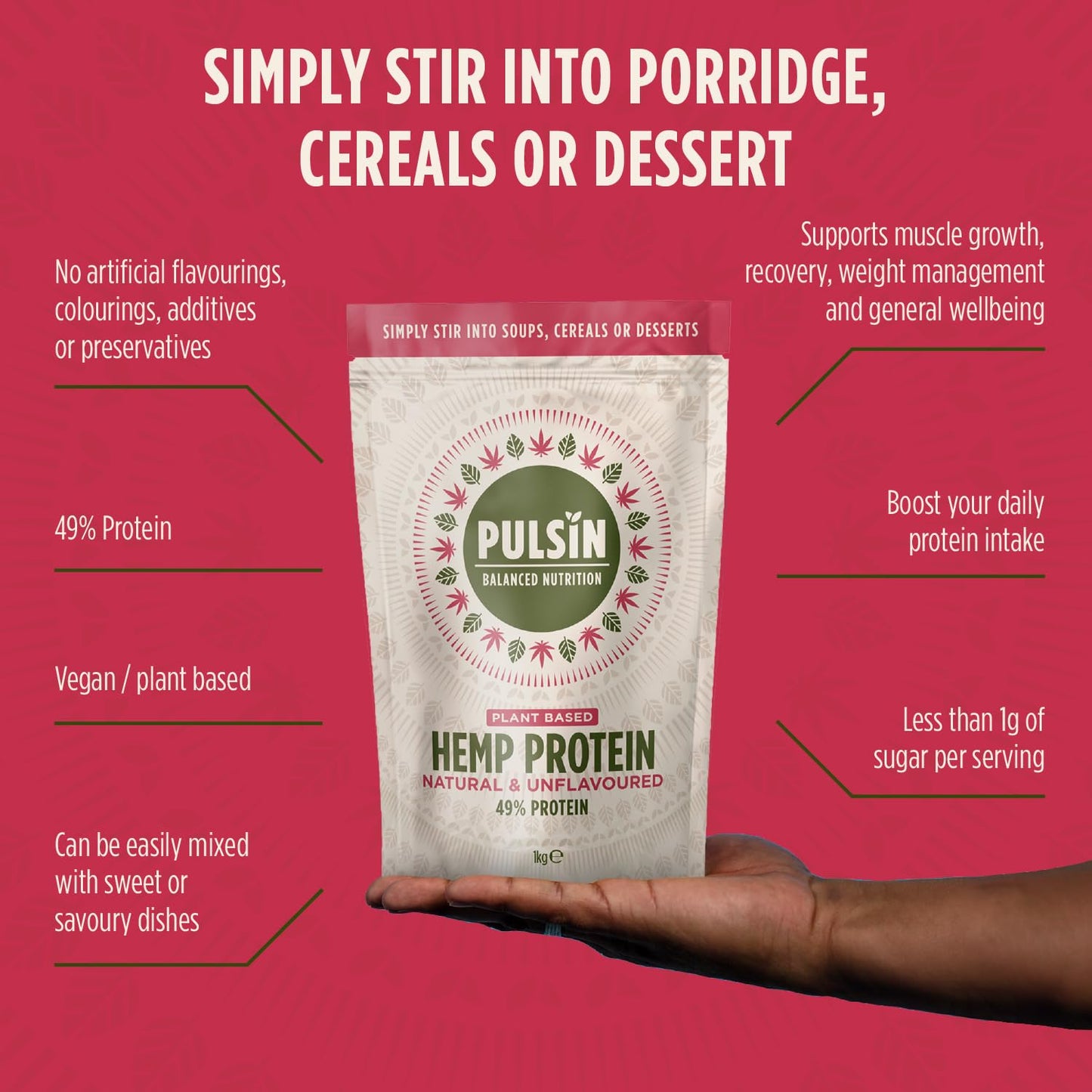 Pulsin - Natural Unflavoured Vegan Hemp Protein Powder - 1kg - 4.9g Protein, 0.4g Carbs, 35 Kcal Per Serving Pulsin