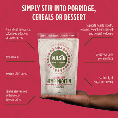 Pulsin - Natural Unflavoured Vegan Hemp Protein Powder - 1kg - 4.9g Protein, 0.4g Carbs, 35 Kcal Per Serving Pulsin