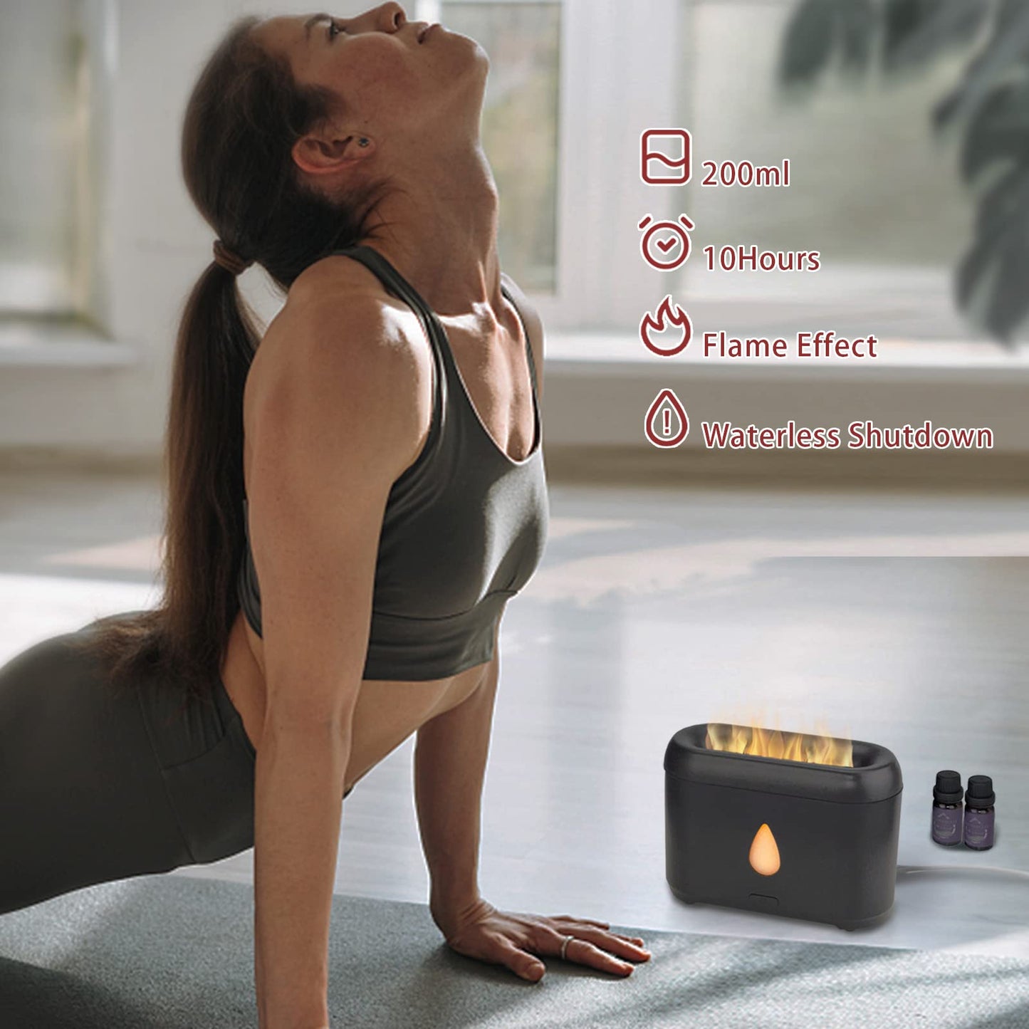 200ml Small Ultrasonic Aroma Diffusers with Flame Light (Black) Phimuezl