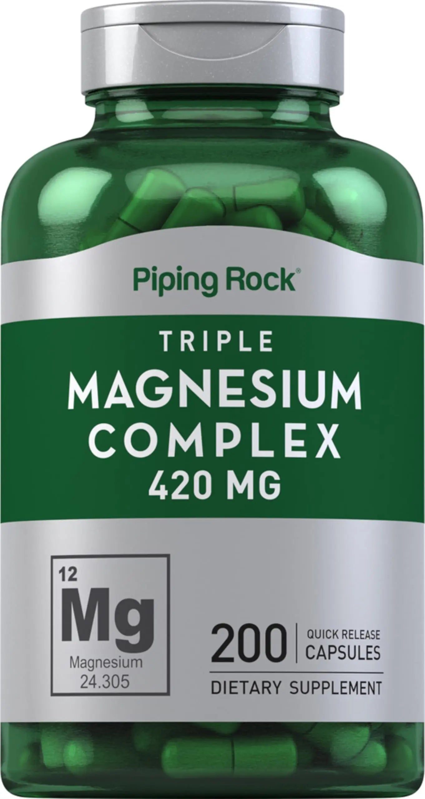 Green supplement bottle labeled 'Triple Magnesium Complex 420 MG' by Piping Rock with a silver cap.
