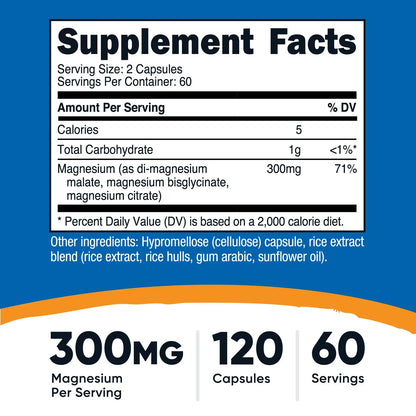 Nutricost Triple Magnesium Complex (300mg, 120 Capsules) - from Di-Magnesium Malate, Bisglycinate and Citrate, 60 Servings Nutricost buy supplements Au